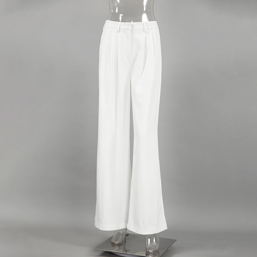 White High-Waist Straight-Leg Casual Pants