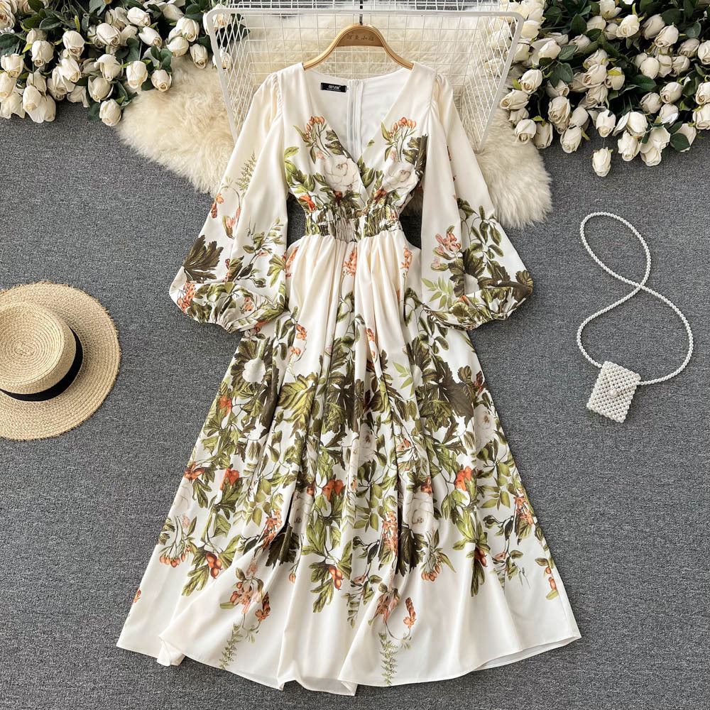 V-Neck High Waist French Retro Floral Chiffon Dress