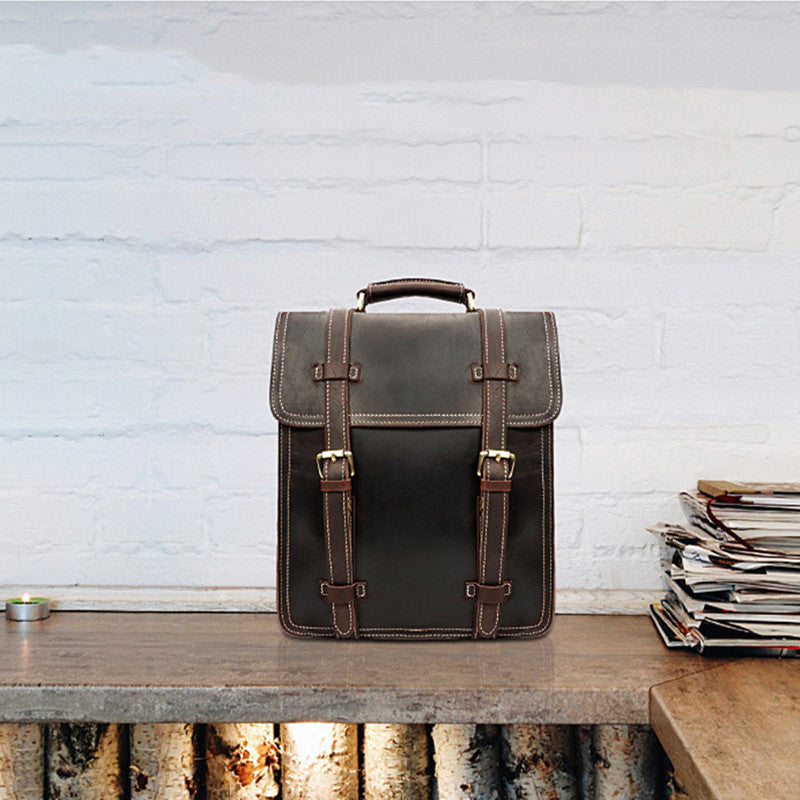Men's Vintage Crazy Horse Leather Backpack Brown