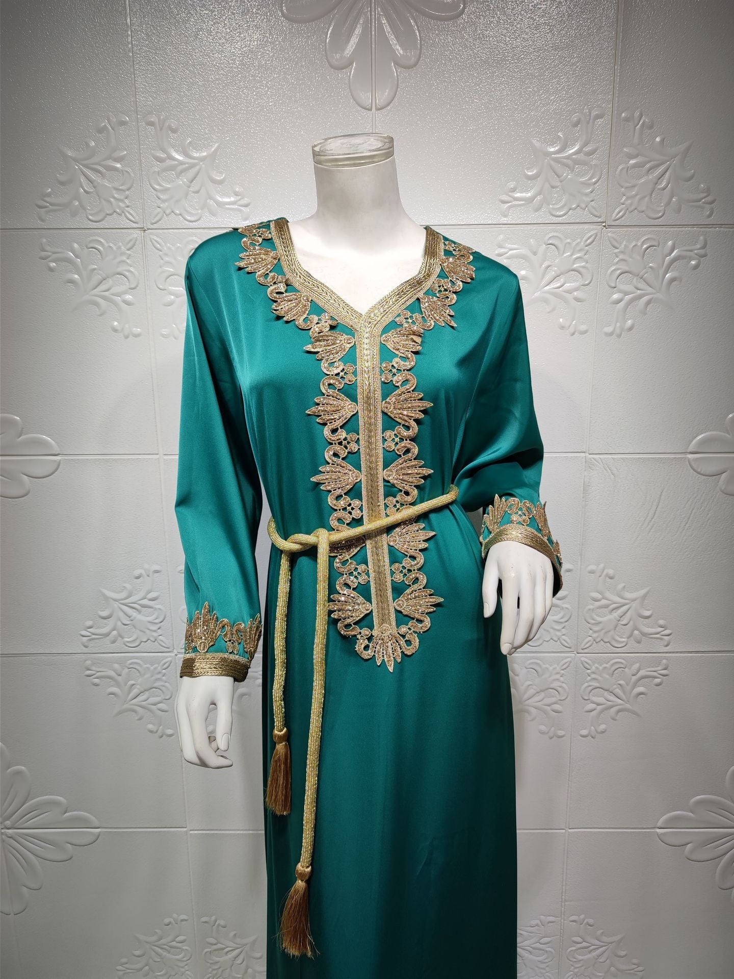 Dubai Embroidery Bronzing Lace Jalabiya Dress with Belt in Multiple Colors and Sizes
