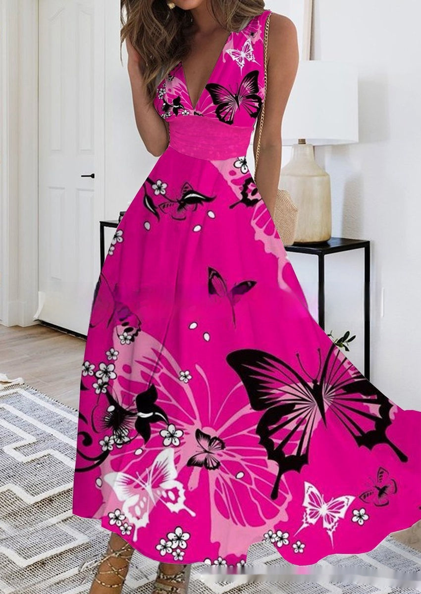 Spring Summer V-Neck Sleeveless Waist-Controlled A-Line Dress