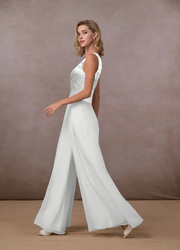 Women's White Mid-Waist Sleeveless V-Neck Wide-Leg Chiffon Jumpsuit