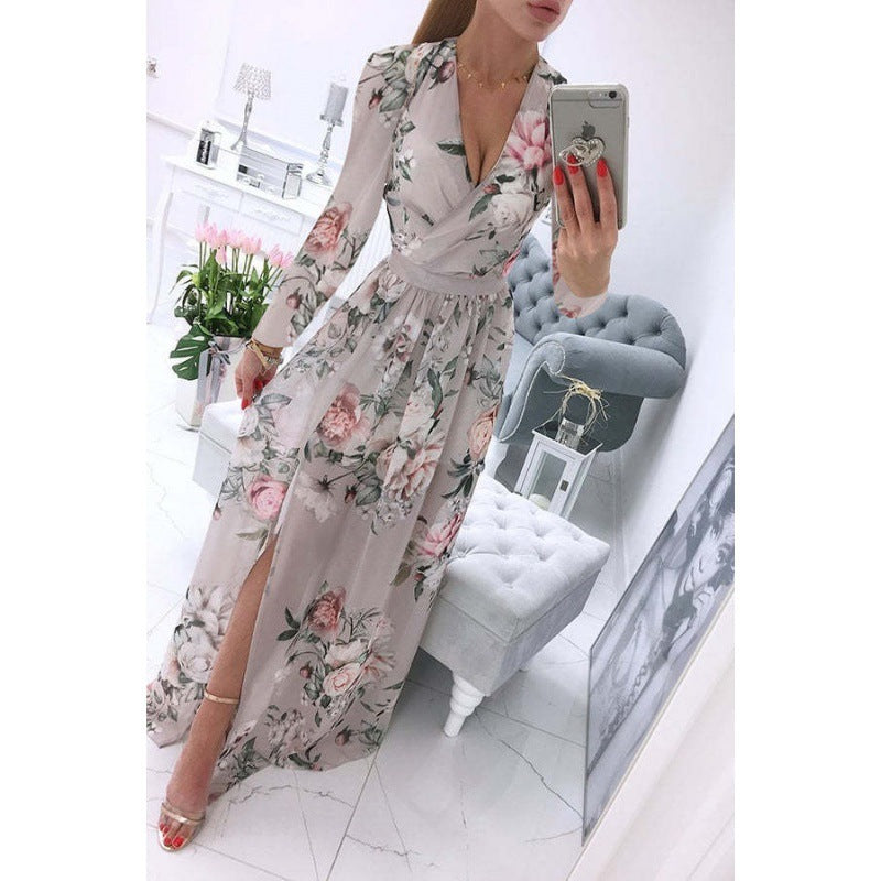 Long Sleeve Printed Chiffon Bohemian Dress for Women