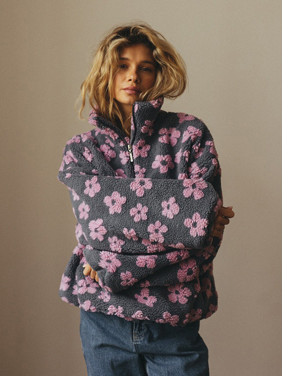 Sweat-shirt pull en agneau avec fermeture éclair et grande poche motif fleurs d'hiver