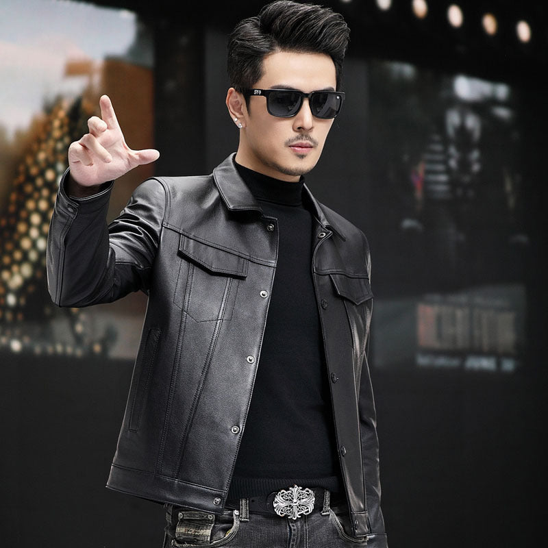 Men's Cowhide Leather Polo Collar Jacket Spring Autumn