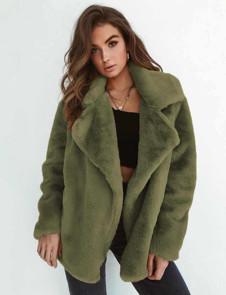 Plush Lapel Woolen Coat for Women - Casual Loose Fit