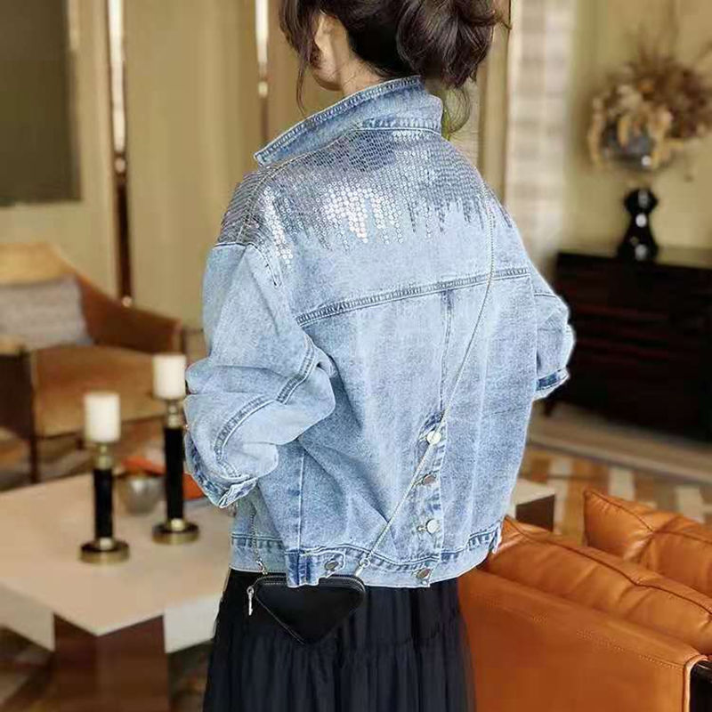 Women's Oversized Loose Denim Coat with Sequins