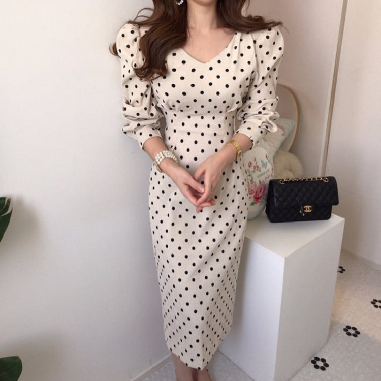 Wave Dot V-Neck Lace Bowknot Waist Bag Hip Dress in Brown & Apricot