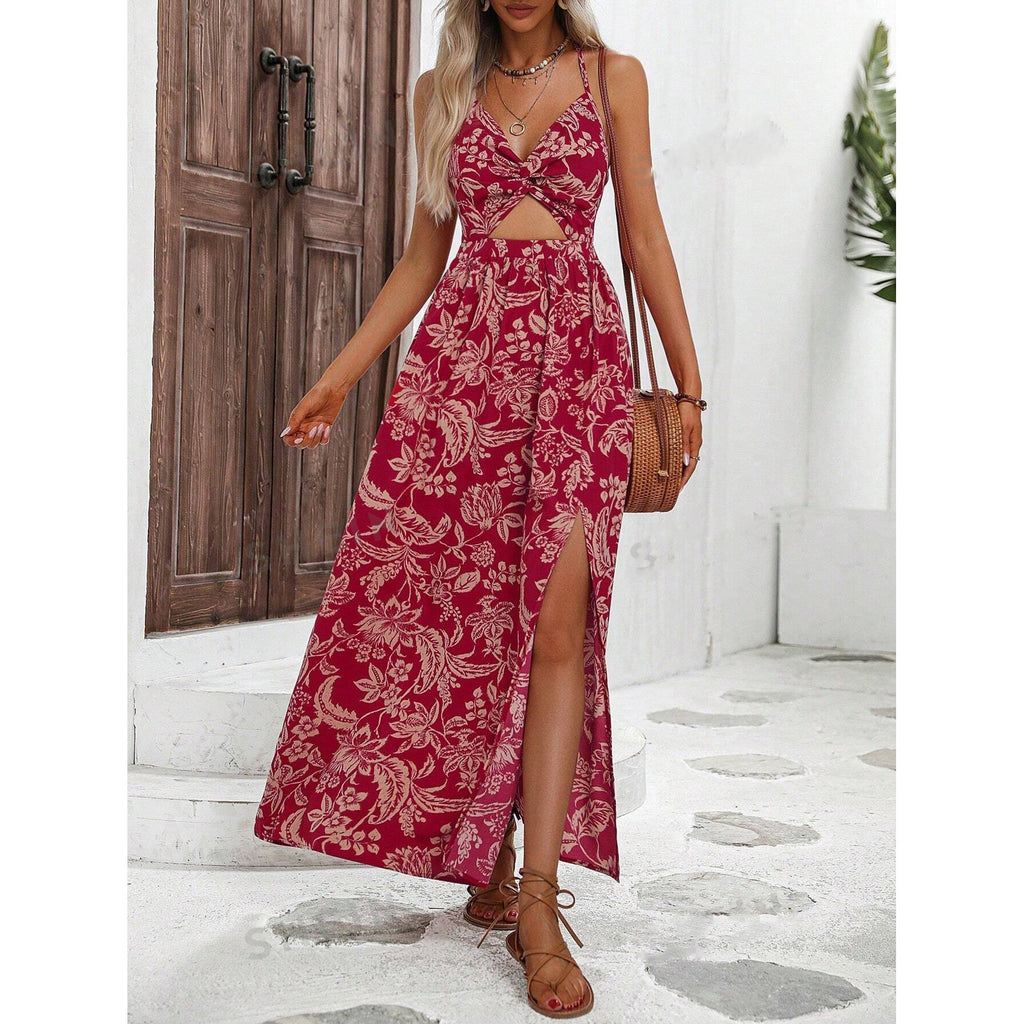 European & American Summer Women's Printed Hollow Pleated Halterneck Dress