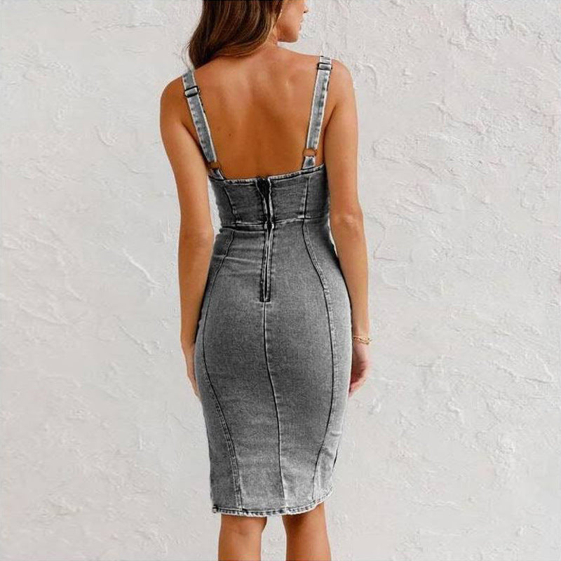 Robe Bretelles en Jean Col U Coupe Slim avec Fente pour Femme