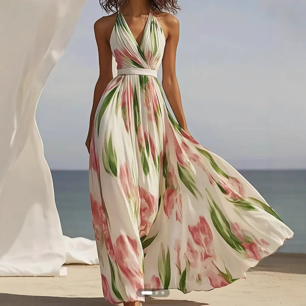 Robe d'été sans manches à col en V imprimée en polyester blanc cassé