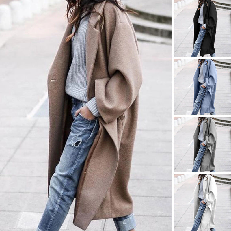 Women’s Casual Long Woolen Jacket With Pockets Solid Color Single Breasted Lapel Winter Coat