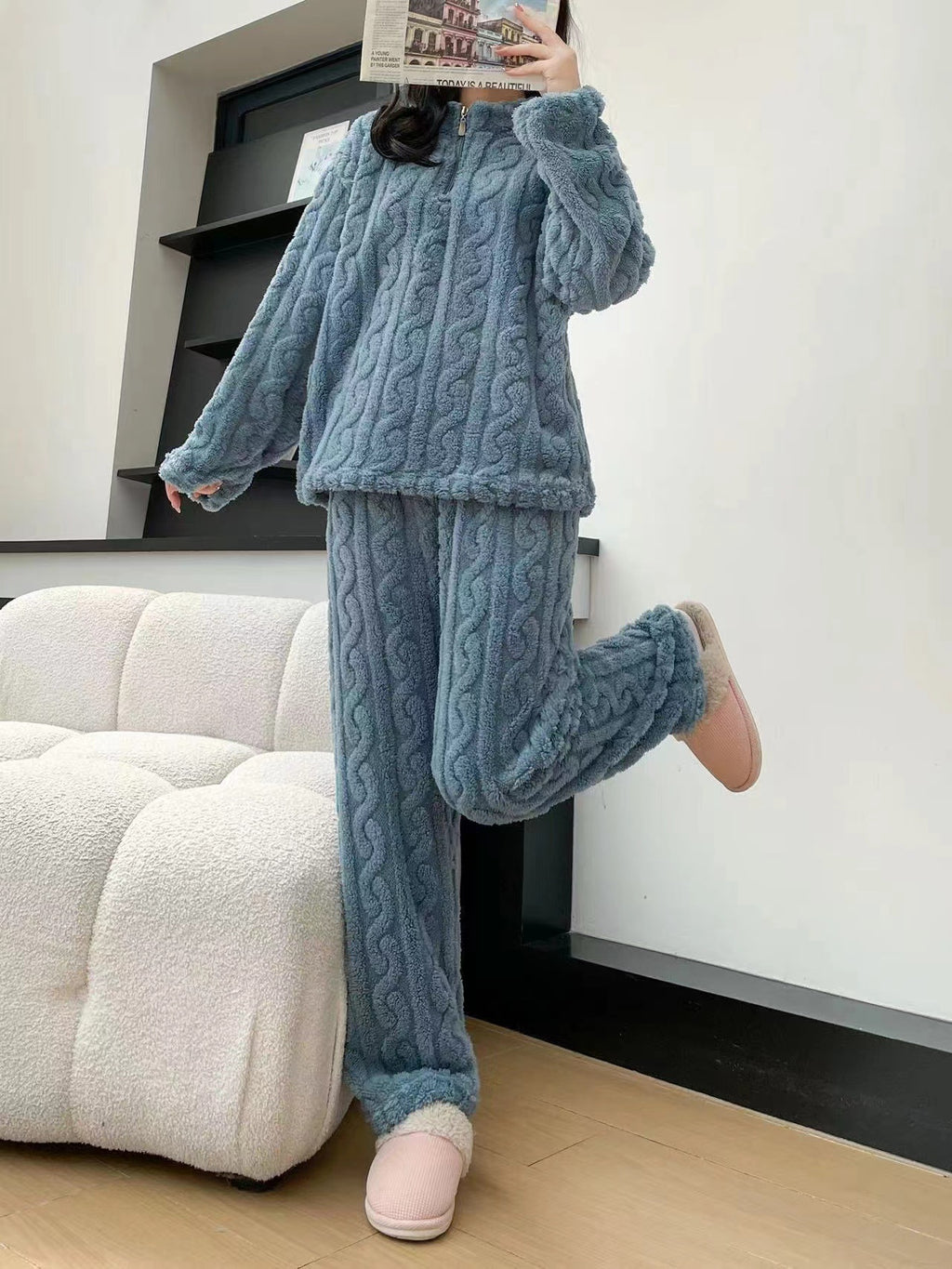 Pyjama Couple Hiver Automne en Polaire Corail Épais avec Fermeture Éclair Torsadée, Tenue d'Intérieur