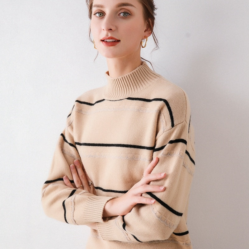 Wool Colorblock Half High Round Neck Turtleneck Sweater