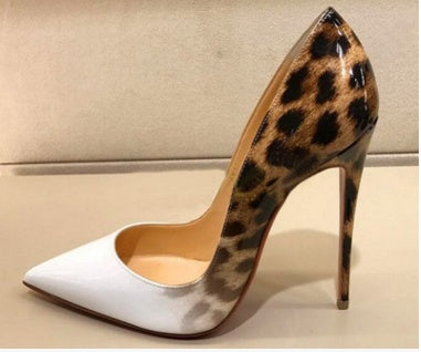 Leopard Color Matching Pointed Toe Shallow Mouth High Heels 12CM PU