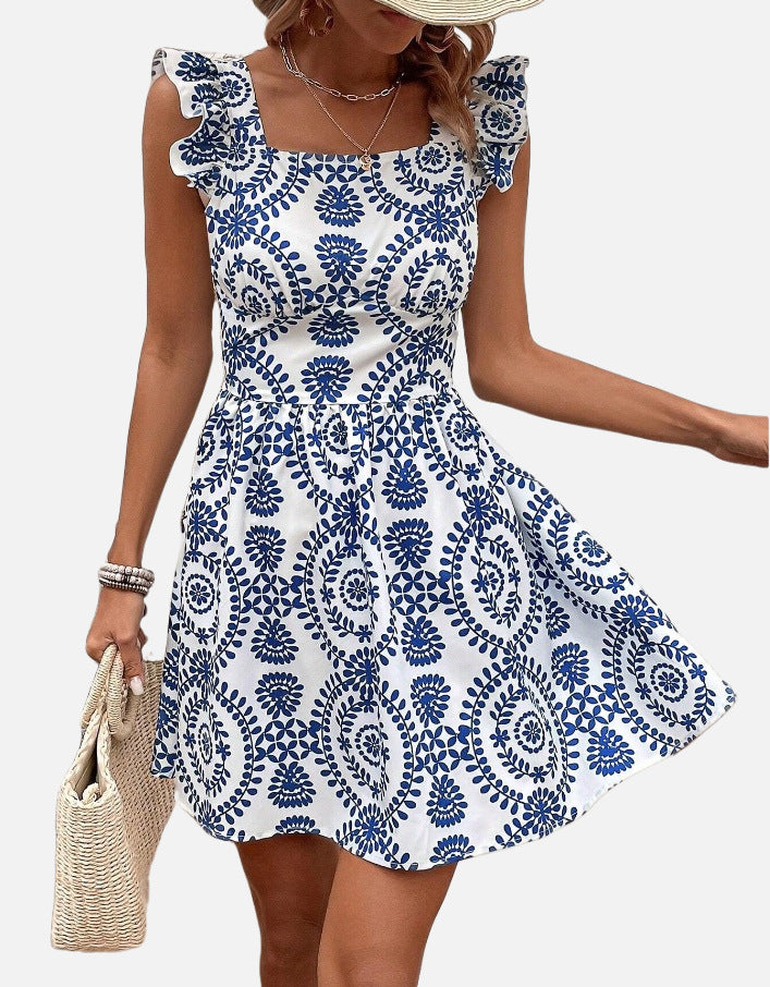 Printed Lace-Up Backless Frill Holiday Dress
