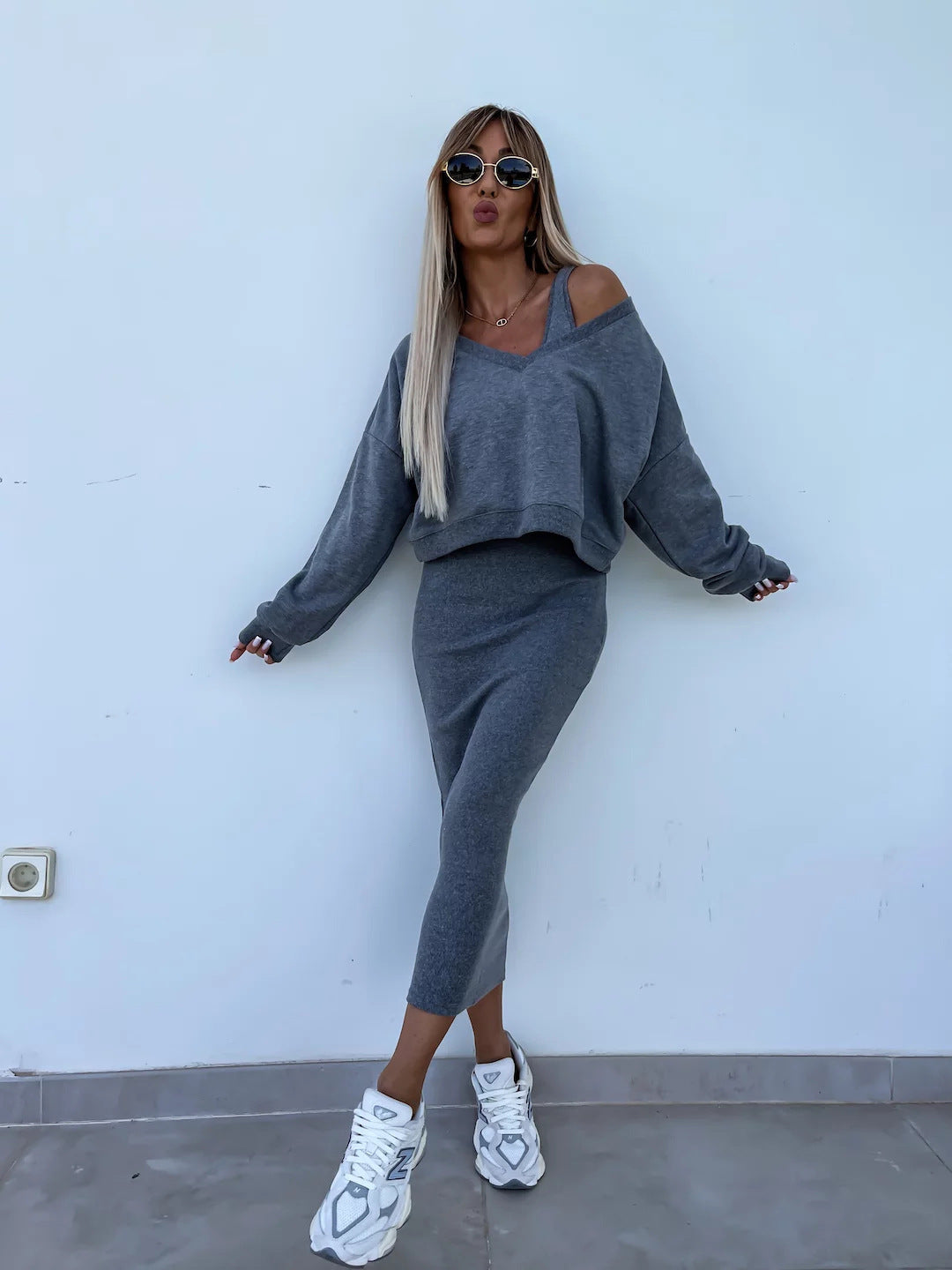 Ensemble Pull Col V & Jupe Débardeur pour Femme
