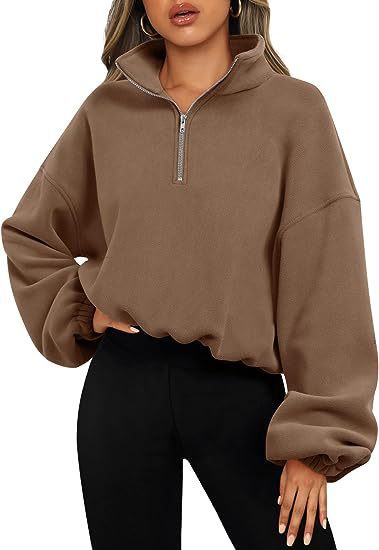Women’s Loose Sport Pullover Hoodie Winter Zipper Stand Collar Thick Warm Sweatshirt Solid Color