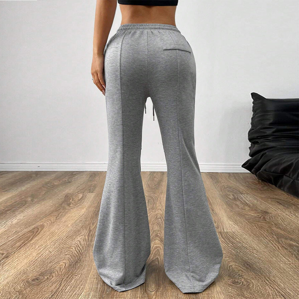 Gray Wide Leg Casual Pants with Elastic Drawstring Waist