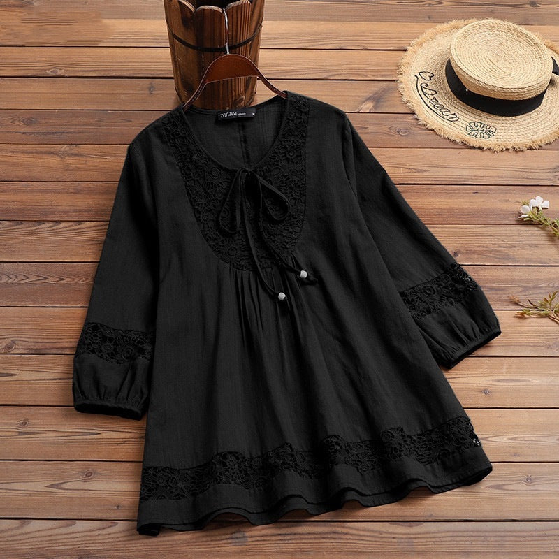 Cotton Linen Lace 3/4 Sleeve Loose Women's Top T-Shirt