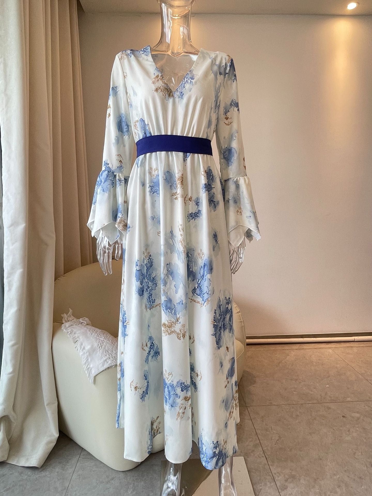 Elegant Printed High Waist Long Sleeve Mid-Length Dress for Women