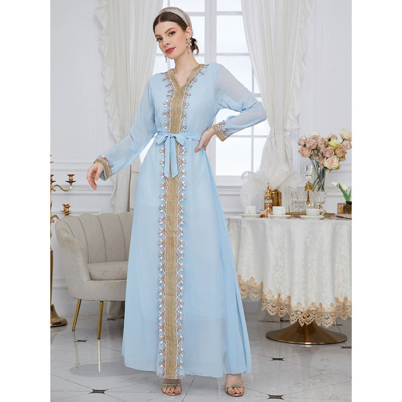 Solid Color Lace Patchwork Receive Waist Chiffon Blue Dress For Women