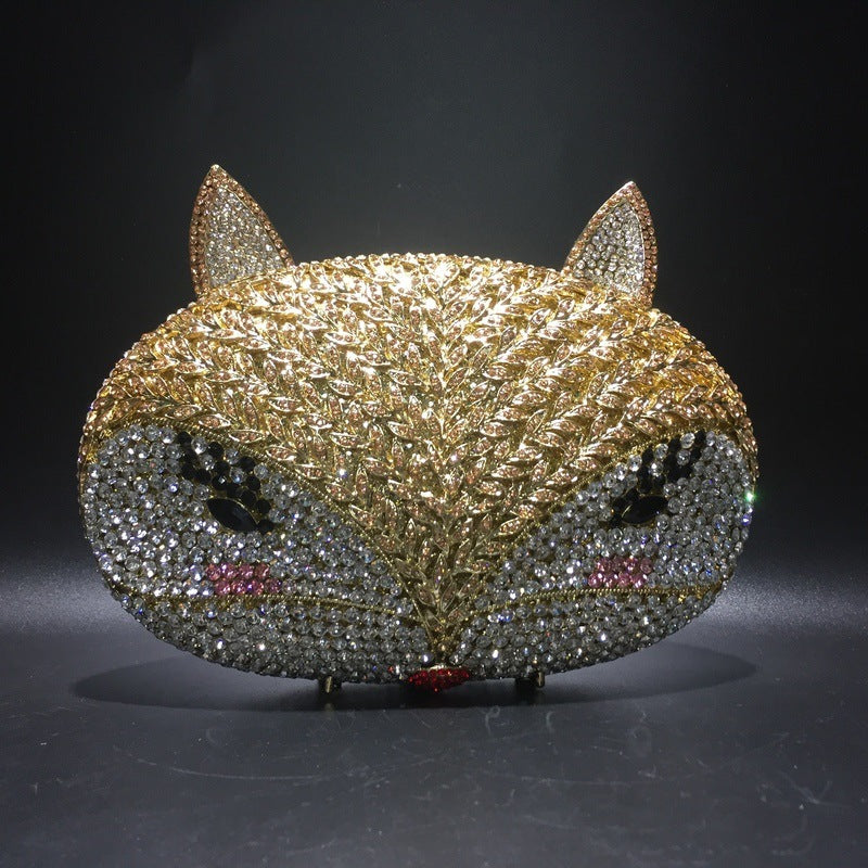 Gold Fox Rhinestone Hollow Metal Crystal Dinner Bag 21cm