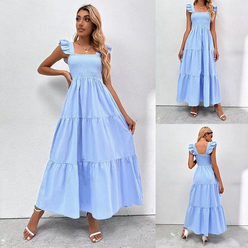 Women's Summer High Waist Backless Long Dress in Rose Red & Light Blue
