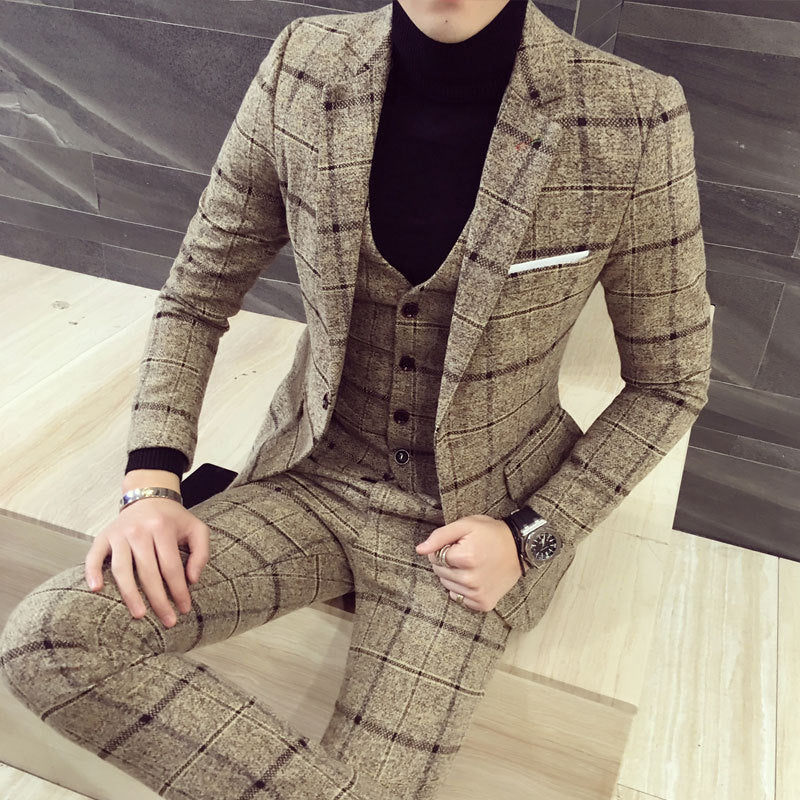 Slim British Casual Check Men's Three-Piece Suit Set