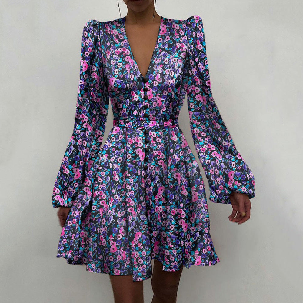 Spring Satin V-Neck Slim Temperament Dress