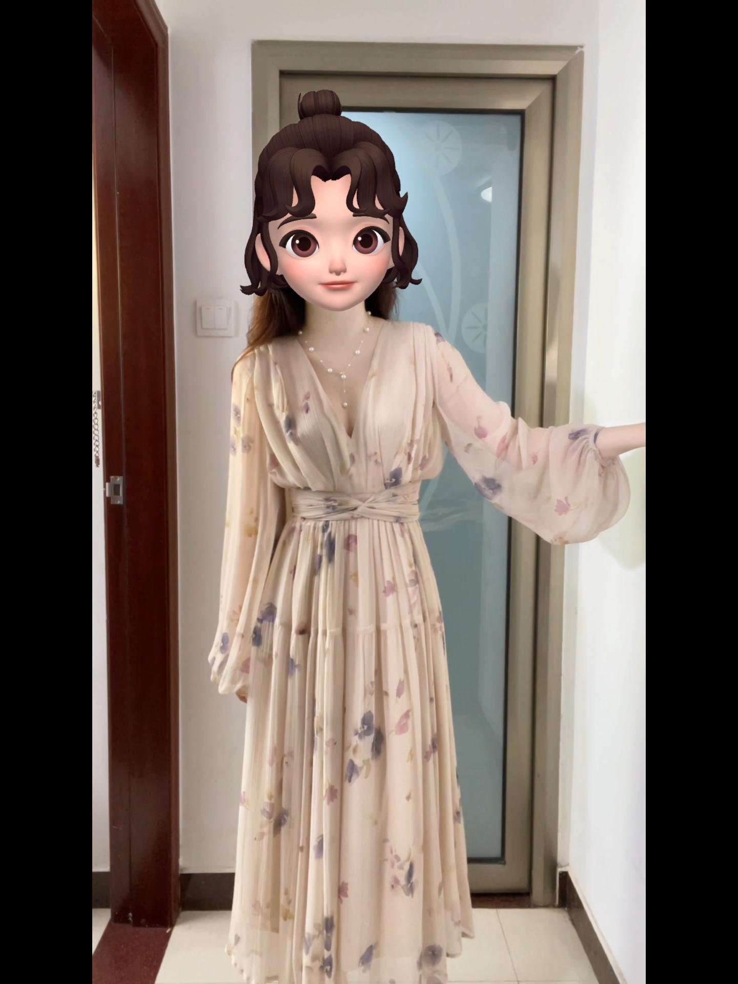 Oversized French V-Neck High Waist Chiffon Floral Dress