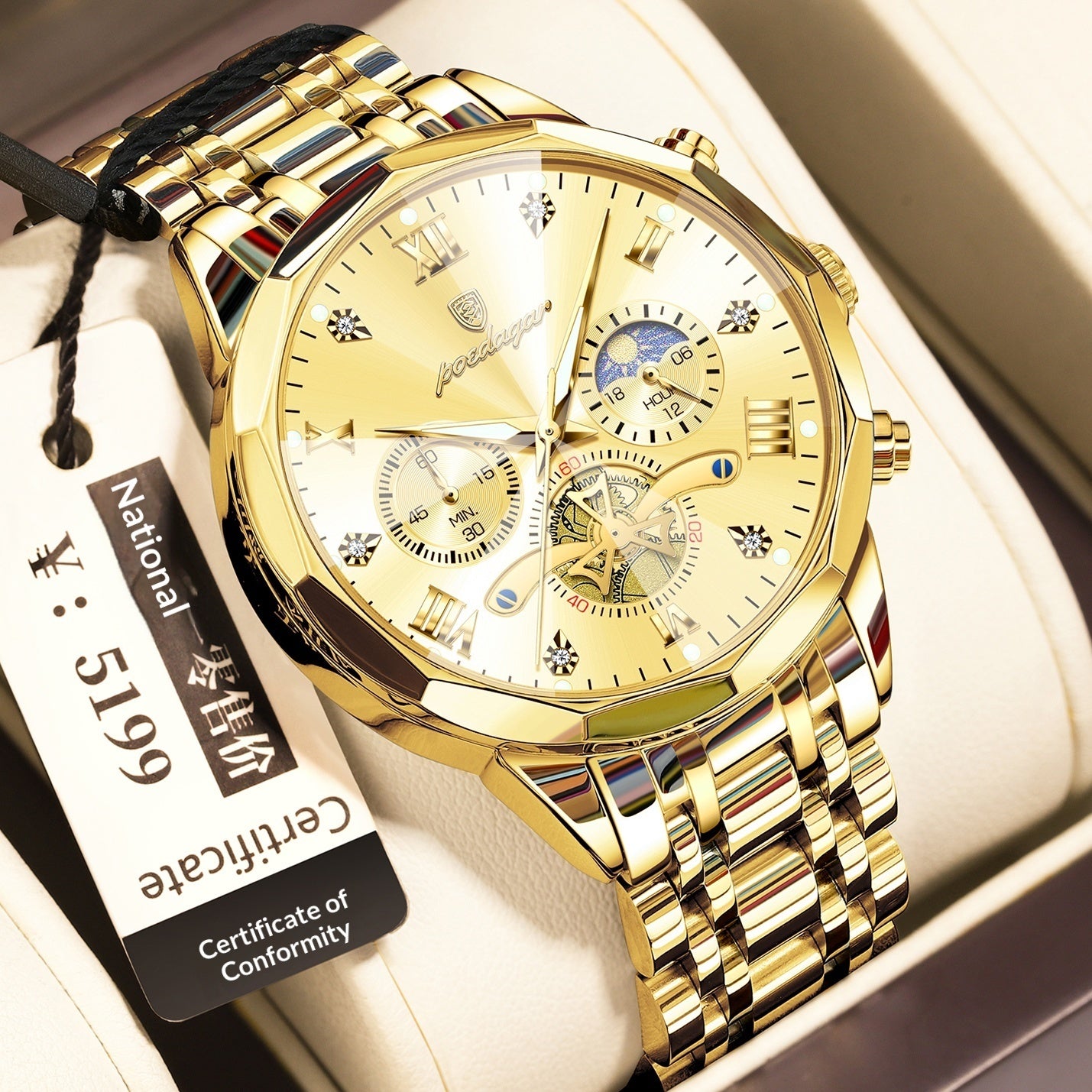 Waterproof Multifunctional Quartz Watch for Men with Stainless Steel Strap