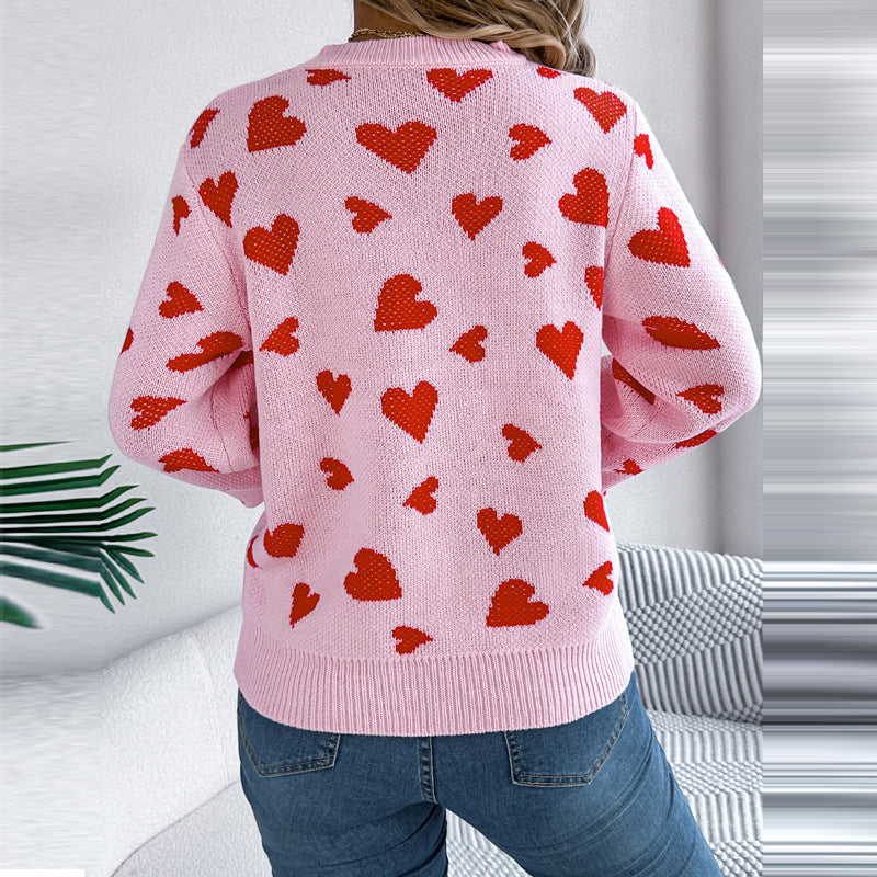 Pull tricoté à manches lanterne contrastées avec motif cœur et col rond