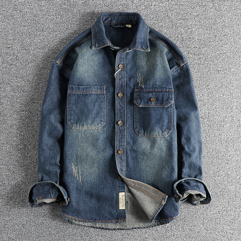 Vintage Washed Cotton Denim Shirt for Men in Light & Dark Blue