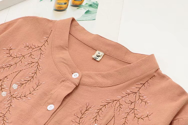Women's Loose Long-Sleeve Cotton Embroidered Stand-Collar Shirt