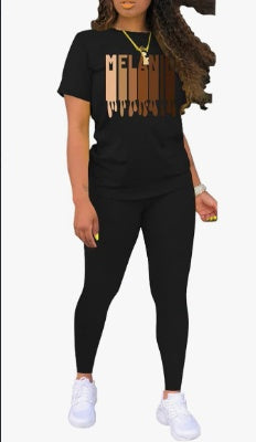 Women's Alphabet Print Round Neck T-Shirt & Leggings Set