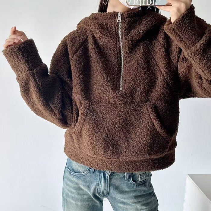 Sweat à capuche demi-zip décontracté pour filles en fausse laine d'agneau