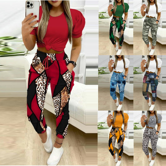 Two-piece Short-sleeved Commuter Printed Drawstring Trousers Suit