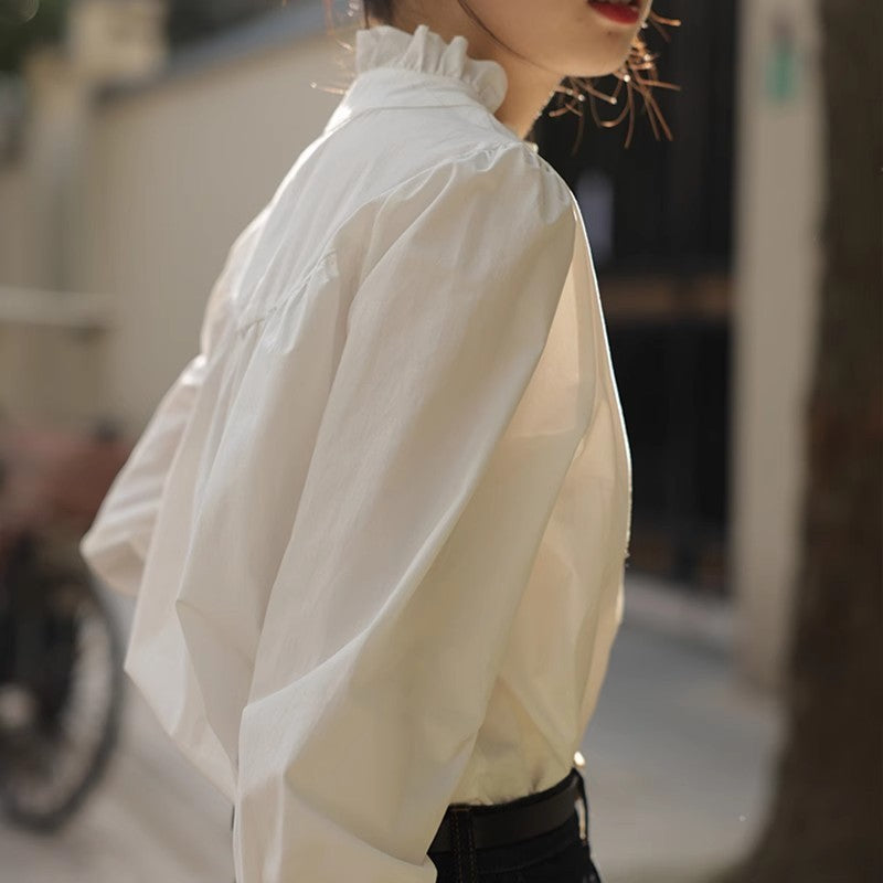 Chemise en polyester à col en dentelle blanche pour femme