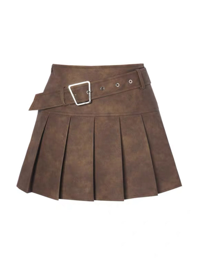 High Waist PU Leather Pleated A-Line Skirt
