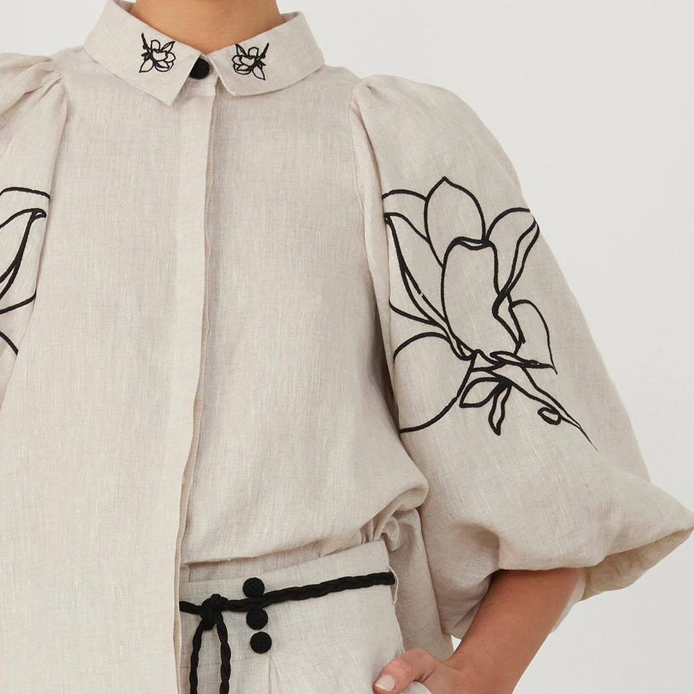 Cotton Linen Embroidered Wide-Leg Pants Suit with Puff Sleeve Top