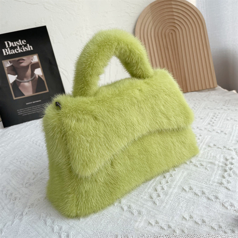 Mink Fur Hourglass Wrapped Clutch with Hard Handle - Plush, Magnetic Buckle, 22x26x18cm, Multiple Colors