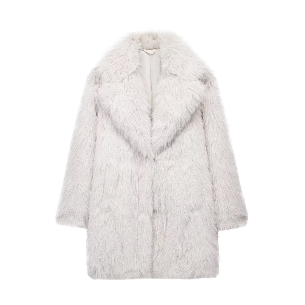 Women's White Artificial Fur Warm Three-Quarter Thick Coat
