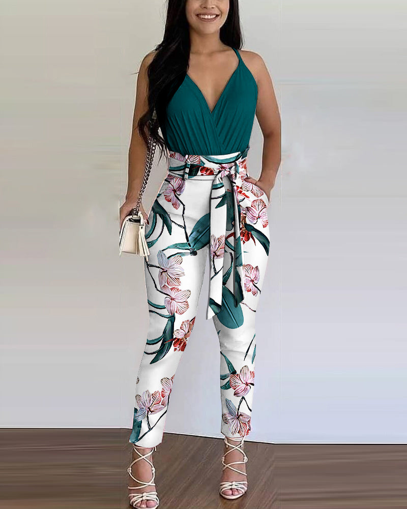 Ladies European And American Contrast Print Two Piece Suit