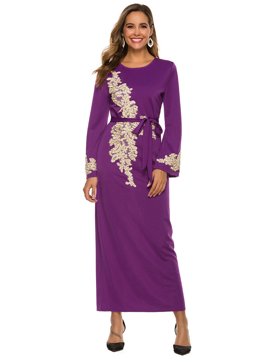 Robe longue musulmane brodée en mélange de coton avec manches trompette