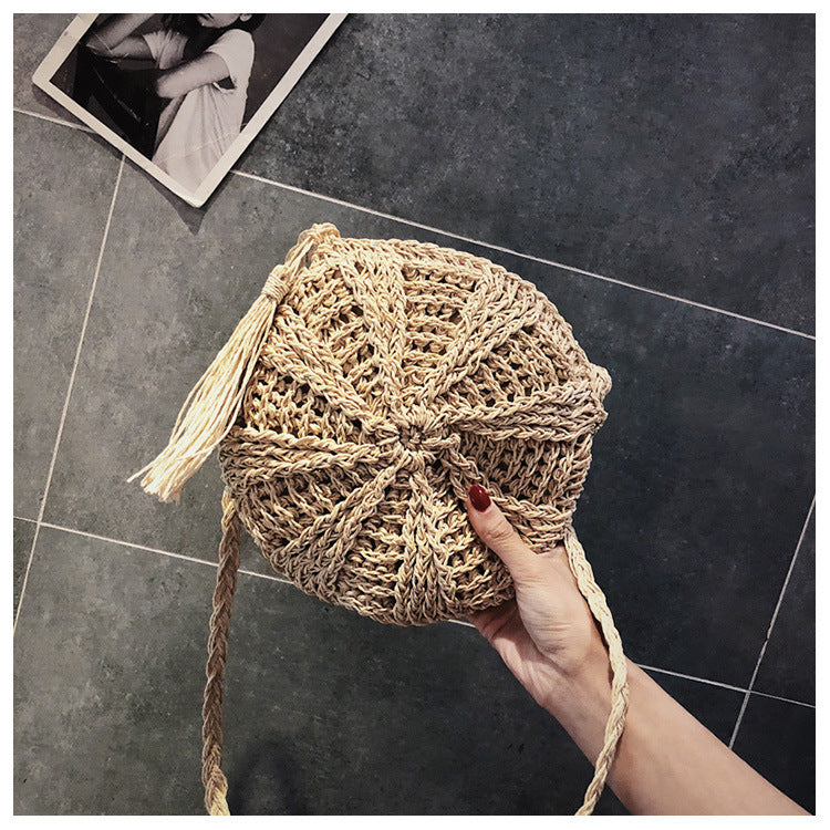 Hollow Round Straw Bag with Zipper – Coffee & Beige, 18x16x23cm