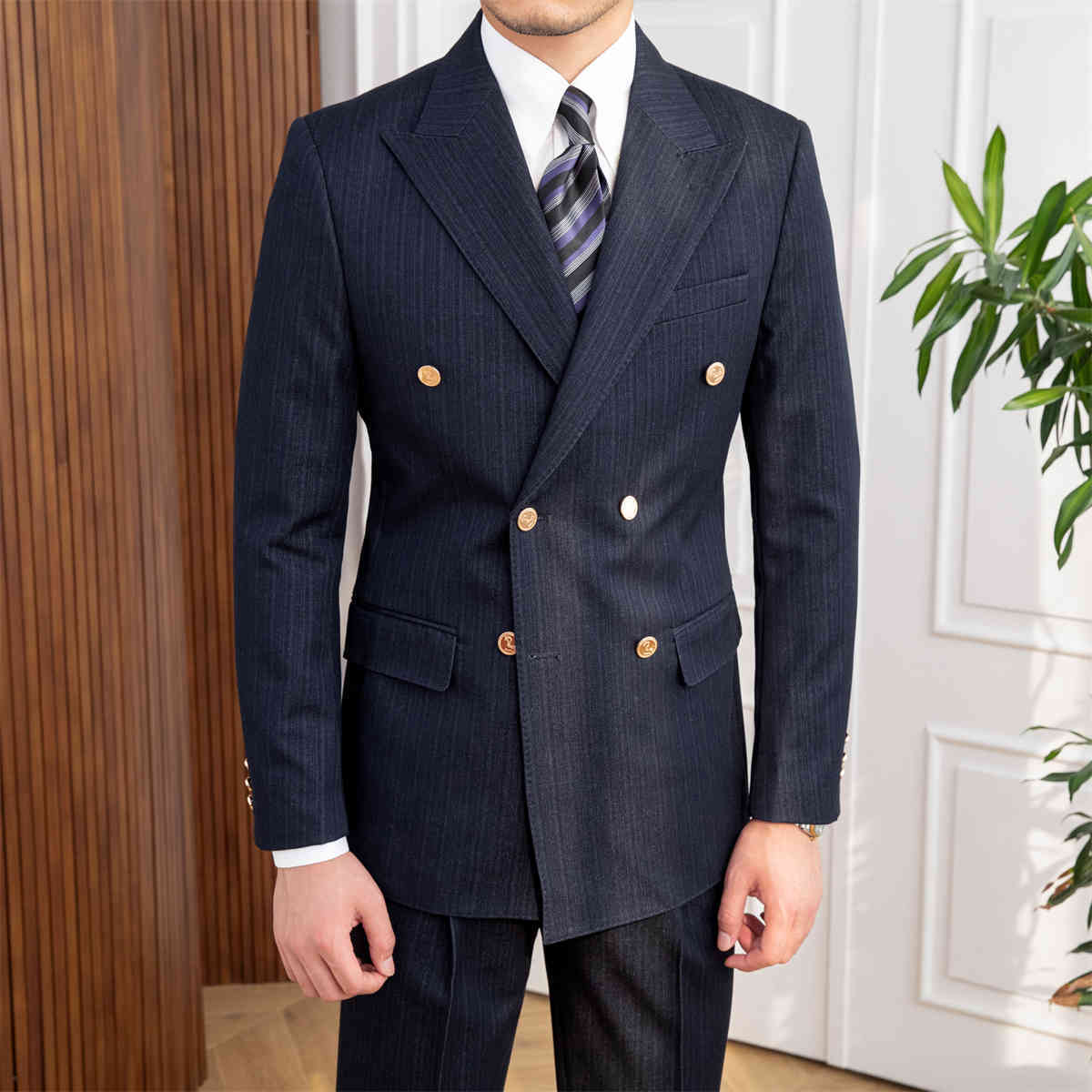Autumn Double Breasted Slim Fit Striped Suit