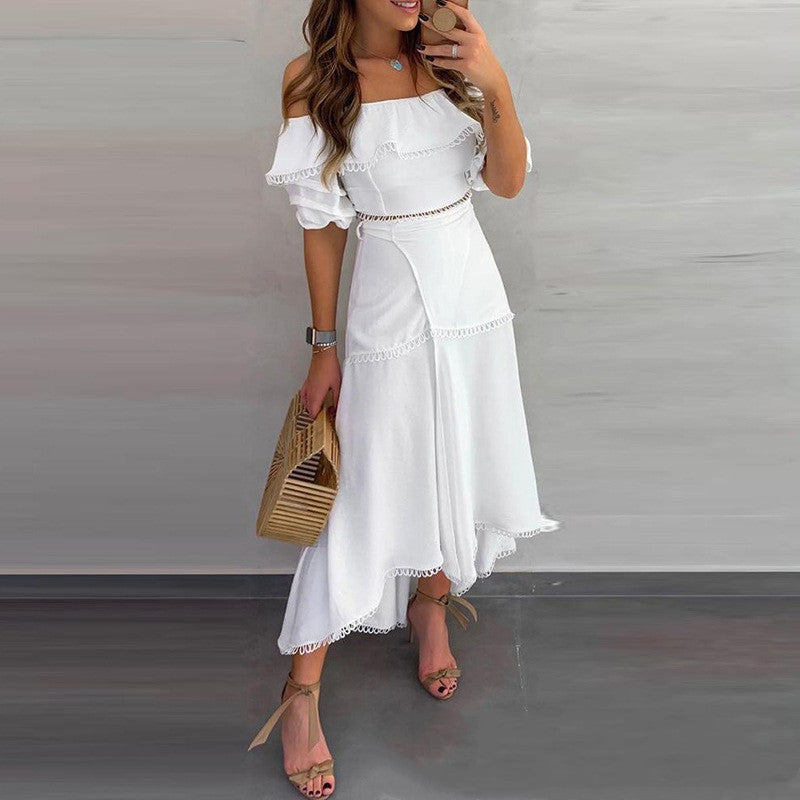 Off-Shoulder Ruffled Top & Split Skirt Suit Polyester Blend