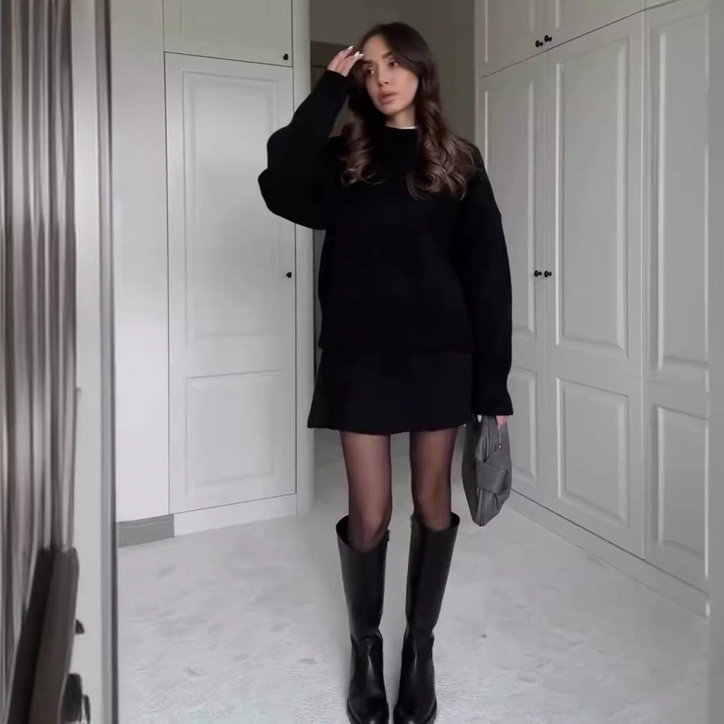 Ensemble 2 pièces tricoté pour femme : pull à manches longues et mini-jupe taille haute