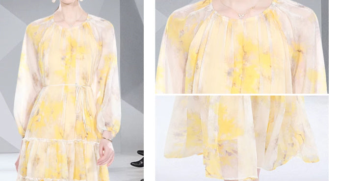 Long Sleeve Lacing Printed Chiffon Dress in Green & Yellow, Sizes M-2XL